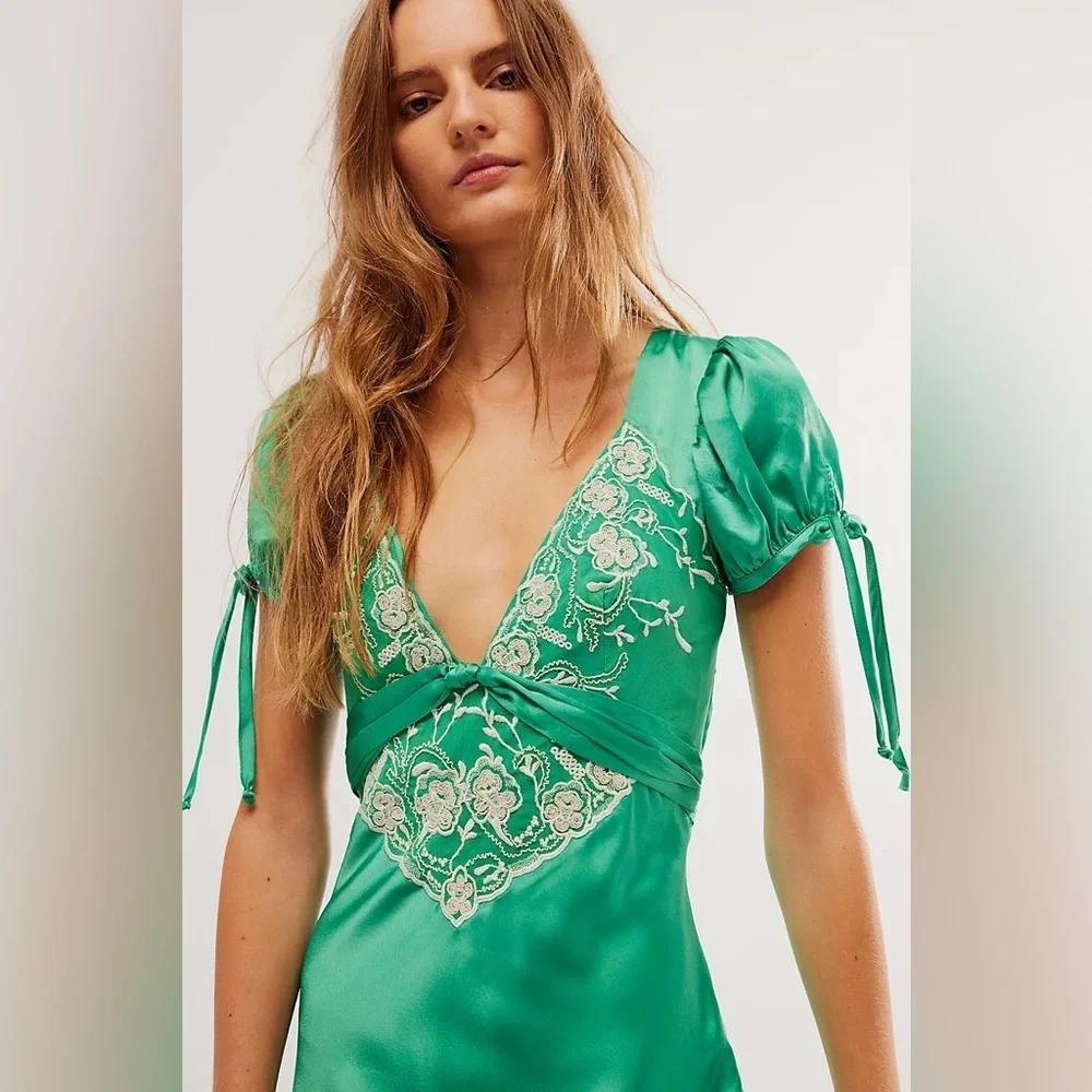 Free People Emerald Green Satin Maxi Dress with Embroidered Bodice - Picture 3 of 8